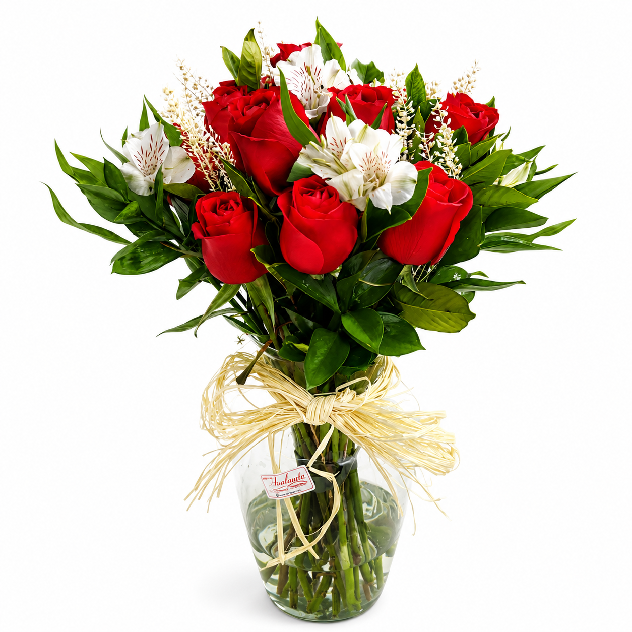 Arranjo com 12 Rosas Importadas vermelhas em vaso de vidro