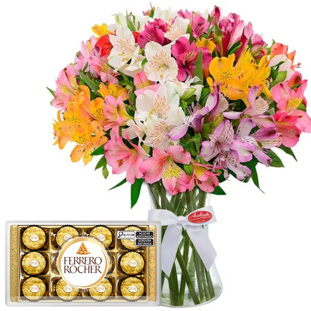 Belas Alstromerias Coloridas no Vaso de Vidro e Ferrero Rocher 150g