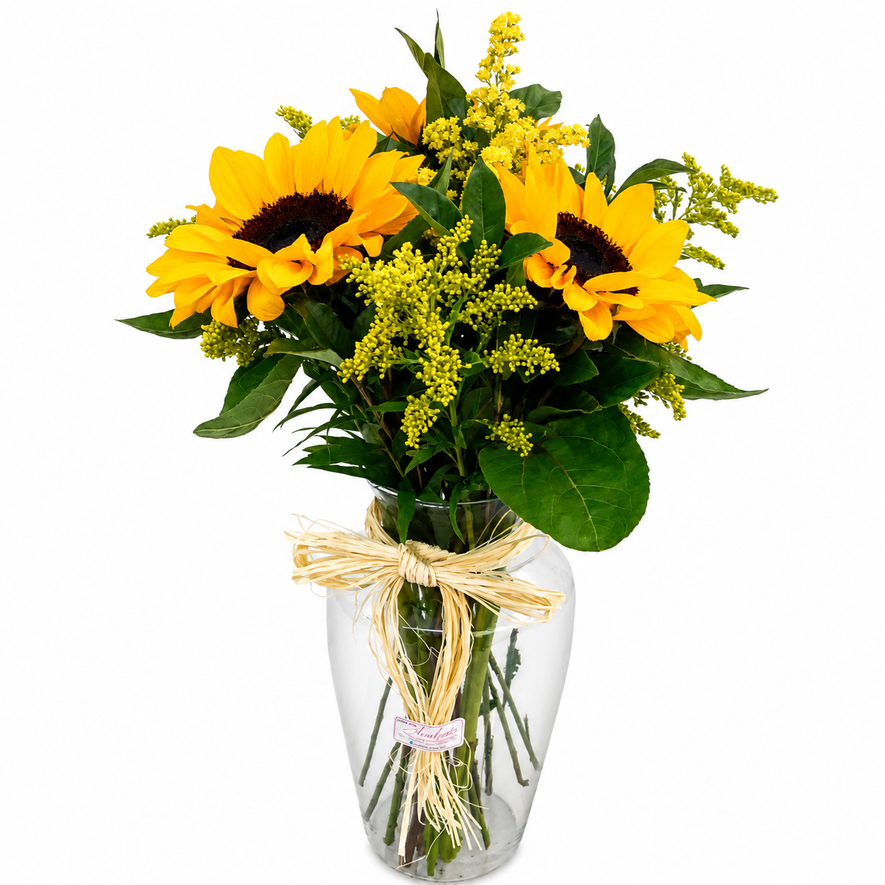 Buqu� com 3 Girass�is em vaso de vidro