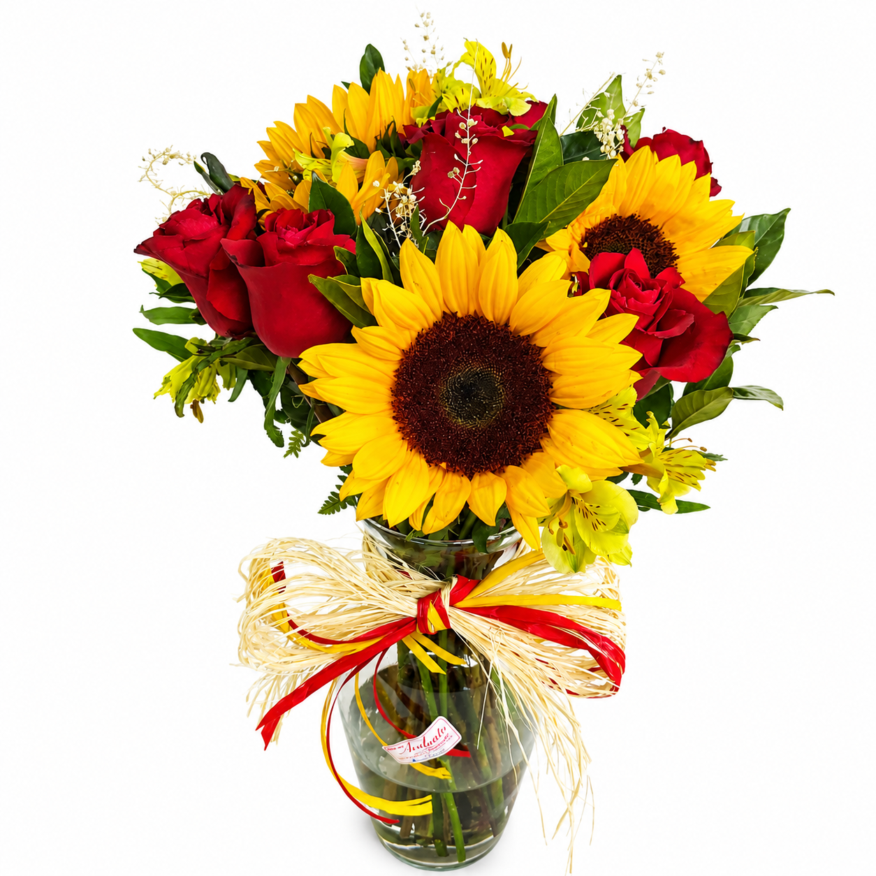 Rosas e Girass�is G em Vaso de Vidro